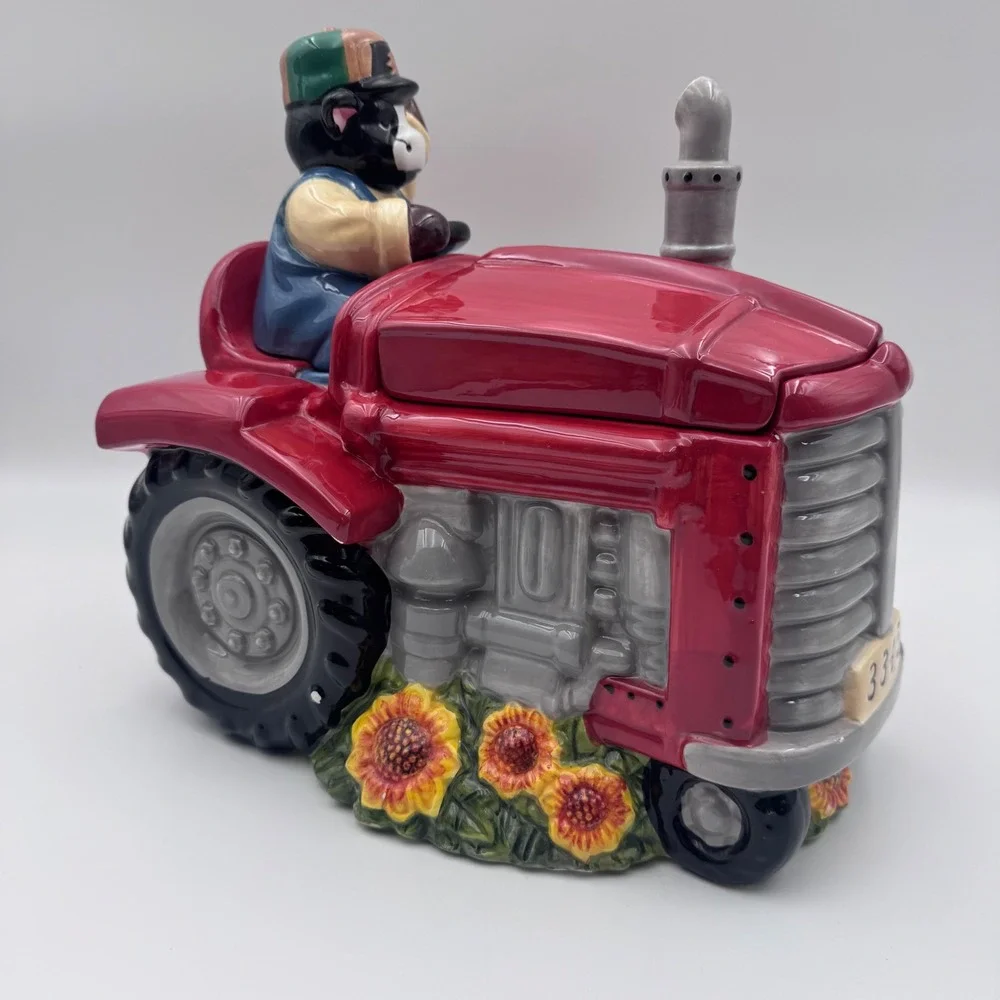 Vintage Cow Driving Red Tractor Ceramic Cookie Jar Farmhouse Decor 3345